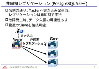 非同期レプリケーション (PostgreSQL 9.0～)
 名前の通り、Masterへ書き込み発生時、
  レプリケーションは非同期で実行
 故障発生時、データ欠損の可能性あり
 複数のSlaveを接続可能

           書き込み
      Master   非同期    Slave
             レプリケーション




 Copyright(c)2013 NTT, Inc. All Rights Reserved.   4
 
