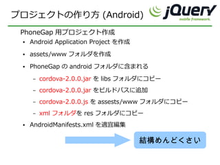 プロジェクトの作り方 (Android)
 PhoneGap 用プロジェクト作成
 ●   Android Application Project を作成
 ●   assets/www フォルダを作成
 ●   PhoneGap の android フォルダに含まれる
     –   cordova-2.0.0.jar を libs フォルダにコピー
     –   cordova-2.0.0.jar をビルドパスに追加
     –   cordova-2.0.0.js を assests/www フォルダにコピー
     –   xml フォルダを res フォルダにコピー
 ●   AndroidManifests.xml を適宜編集

                                       結構めんどくさい
 