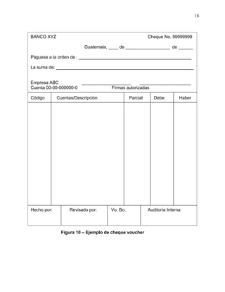 18



BANCO XYZ                                                Cheque No. 99999999

                          Guatemala, ____ de __________________ de ______

Páguese a la orden de : ______________________________________________

La suma de: ________________________________________________________


Empresa ABC           ____________________      _____________________
Cuenta 00-00-000000-0             Firmas autorizadas

Código       Cuentas/Descripción               Parcial      Debe         Haber




Hecho por:         Revisado por:     Vo. Bo.             Auditoría Interna




               Figura 10 – Ejemplo de cheque voucher
 