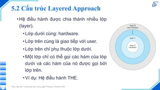 5.2 Cấu trúc Layered Approach
•Hệ điều hành được chia thành nhiều lớp
(layer).
•Lớp dưới cùng: hardware.
•Lớp trên cùng là giao tiếp với user.
•Lớp trên chỉ phụ thuộc lớp dưới.
•Một lớp chỉ có thể gọi các hàm của lớp
dưới và các hàm của nó được gọi bởi
lớp trên.
•Ví dụ: Hệ điều hành THE.
Thực hiện bởi Trường Đại học Công nghệ Thông tin, ĐHQG-HCM
57
 