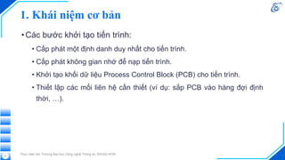 1. Khái niệm cơ bản
•Các bước khởi tạo tiến trình:
• Cấp phát một định danh duy nhất cho tiến trình.
• Cấp phát không gian nhớ để nạp tiến trình.
• Khởi tạo khối dữ liệu Process Control Block (PCB) cho tiến trình.
• Thiết lập các mối liên hệ cần thiết (ví dụ: sắp PCB vào hàng đợi định
thời, …).
Thực hiện bởi Trường Đại học Công nghệ Thông tin, ĐHQG-HCM
9
 