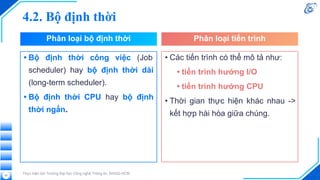 • Bộ định thời công việc (Job
scheduler) hay bộ định thời dài
(long-term scheduler).
• Bộ định thời CPU hay bộ định
thời ngắn.
Thực hiện bởi Trường Đại học Công nghệ Thông tin, ĐHQG-HCM
25
• Các tiến trình có thể mô tả như:
• tiến trình hướng I/O
• tiến trình hướng CPU
• Thời gian thực hiện khác nhau ->
kết hợp hài hòa giữa chúng.
Phân loại bộ định thời Phân loại tiến trình
4.2. Bộ định thời
 