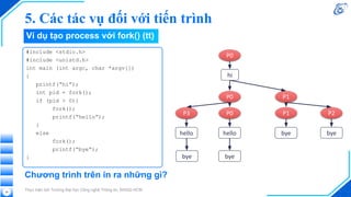 Thực hiện bởi Trường Đại học Công nghệ Thông tin, ĐHQG-HCM
34
#include <stdio.h>
#include <unistd.h>
int main (int argc, char *argv[])
{
printf(“hi”);
int pid = fork();
if (pid > 0){
fork();
printf(“hello”);
}
else
fork();
printf(“bye”);
}
hi
P0
P0 P1
P0
P3
hello
hello
P1 P2
bye bye
bye bye
Chương trình trên in ra những gì?
Ví dụ tạo process với fork() (tt)
5. Các tác vụ đối với tiến trình
 