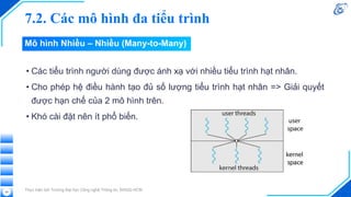 7.2. Các mô hình đa tiểu trình
• Các tiểu trình người dùng được ánh xạ với nhiều tiểu trình hạt nhân.
• Cho phép hệ điều hành tạo đủ số lượng tiểu trình hạt nhân => Giải quyết
được hạn chế của 2 mô hình trên.
• Khó cài đặt nên ít phổ biến.
Thực hiện bởi Trường Đại học Công nghệ Thông tin, ĐHQG-HCM
59
Mô hình Nhiều – Nhiều (Many-to-Many)
 