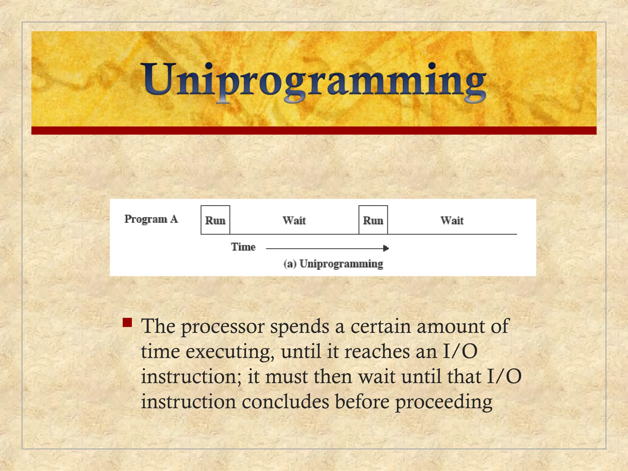  The processor spends a certain amount of
time executing, until it reaches an I/O
instruction; it must then wait until that I/O
instruction concludes before proceeding
 