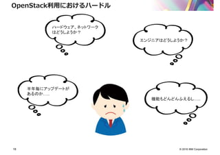 © 2016 IBM Corporation18
半年毎にアップデートが
あるのか ..
機能もどんどんふえるし ..
ハードウェア、ネットワーク
はどうしようか？
エンジニアはどうしようか？
OpenStack利⽤におけるハードル
 