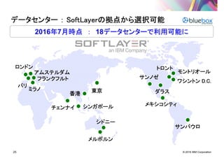 © 2016 IBM Corporation25
データセンターデータセンターデータセンターデータセンター ：：：： SoftLayerSoftLayerSoftLayerSoftLayerの拠点から選択可能の拠点から選択可能の拠点から選択可能の拠点から選択可能
2016年年年年7月時点月時点月時点月時点 ：：：： 18データセンターで利用可能にデータセンターで利用可能にデータセンターで利用可能にデータセンターで利用可能に
東京東京東京東京
サンノゼサンノゼサンノゼサンノゼ
ワシントンワシントンワシントンワシントン D.C.D.C.D.C.D.C.
ダラスダラスダラスダラス
シドニーシドニーシドニーシドニー
メルボルンメルボルンメルボルンメルボルン
ロンドンロンドンロンドンロンドン
アムステルダムアムステルダムアムステルダムアムステルダム
パリパリパリパリ
フランクフルトフランクフルトフランクフルトフランクフルト
トロントトロントトロントトロント
モントリオールモントリオールモントリオールモントリオール
メキシコシティメキシコシティメキシコシティメキシコシティ
ミラノミラノミラノミラノ
シンガポールシンガポールシンガポールシンガポール
香港香港香港香港
サンパウロサンパウロサンパウロサンパウロ
チェンナイチェンナイチェンナイチェンナイ
 