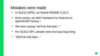 Mistakes were made
●
In SLE12 (SP0), we forked GNOME 3.10.3..
●
Even worse, we didn’t backport our features to
openSUSE:Fa...