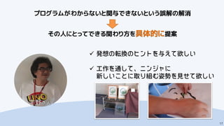 宇野さん
17
プログラムがわからないと関与できないという誤解の解消
その人にとってできる関わり方を具体的に提案


 