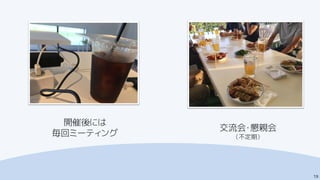 19
開催後には
毎回ミーティング
交流会・懇親会
（不定期）
 