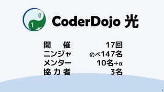 4
CoderDojo光
開 催
ニンジャ
メンター
協 力 者
17回
のべ147名
10名＋α
3名
 