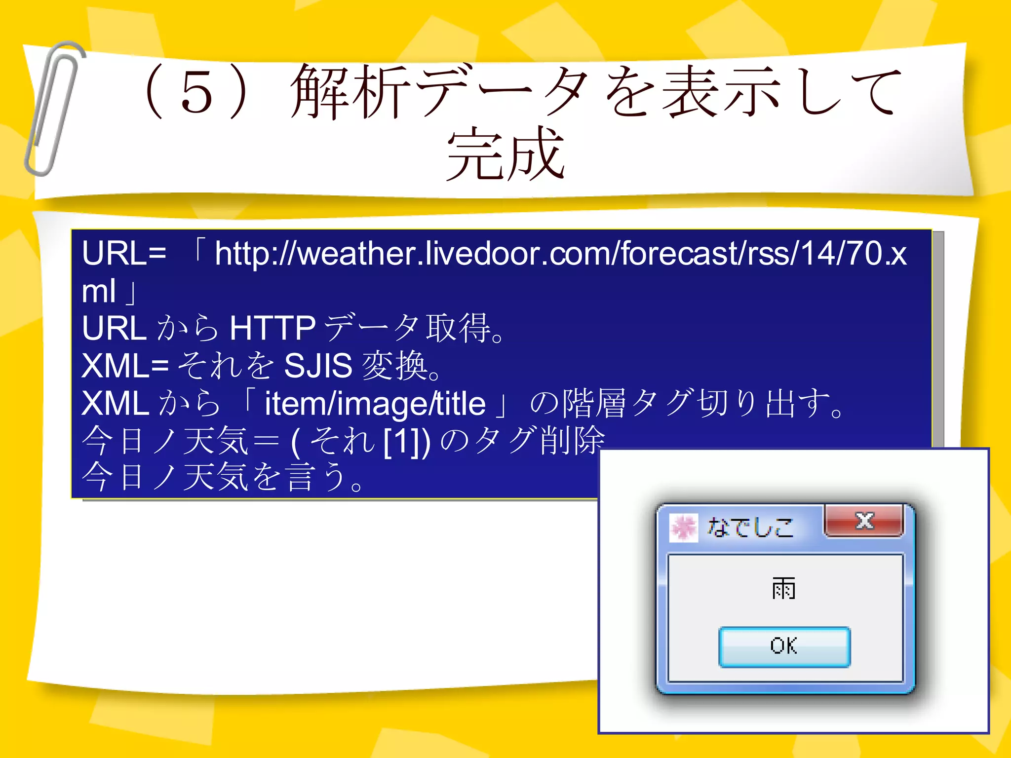 （５）解析データを表示して完成 URL= 「 http://weather.livedoor.com/forecast/rss/14/70.xml 」 URL から HTTP データ取得。  XML= それを SJIS 変換。  XML から「 item/image/title 」の階層タグ切り出す。 今日ノ天気＝ ( それ [1]) のタグ削除。 今日ノ天気を言う。 