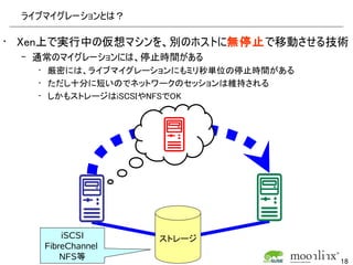ライブマイグレーションとは？

• Xen上で実行中の仮想マシンを、別のホストに無停止で移動させる技術
 – 通常のマイグレーションには、停止時間がある
   • 厳密には、ライブマイグレーションにもミリ秒単位の停止時間がある
   • ただし十分に短いのでネットワークのセッションは維持される
   • しかもストレージはiSCSIやNFSでOK




        iSCSI      ストレージ
    FibreChannel
        NFS等                           18
 