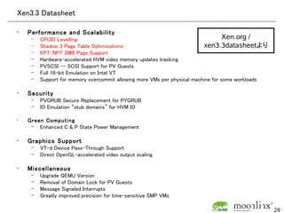 Xen3.3 Datasheet

•   Performance and Scalability
     –   CPUID Levelling                                                           Xen.org /
     –   Shadow 3 Page Table Optimizations                                xen3.3datasheetより
     –   EPT/NPT 2MB Page Support
     –   Hardware-accelerated HVM video memory updates tracking
     –   PVSCSI -- SCSI Support for PV Guests
     –   Full 16-bit Emulation on Intel VT
     –   Support for memory overcommit allowing more VMs per physical machine for some workloads

•   Security
     –   PVGRUB Secure Replacement for PYGRUB
     –   IO Emulation “stub domains” for HVM IO

•   Green Computing
     – Enhanced C & P State Power Management

•   Graphics Support
     –   VT-d Device Pass-Through Support
     –   Direct OpenGL-accelerated video output scaling

•   Miscellaneous
     –   Upgrade QEMU Version
     –   Removal of Domain Lock for PV Guests
     –   Message Signaled Interrupts
     –   Greatly improved precision for time-sensitive SMP VMs

                                                                                                   29
 