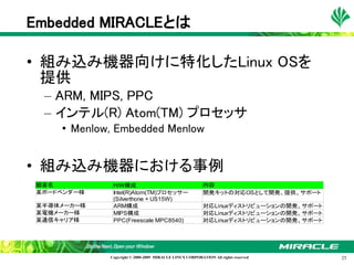 Embedded MIRACLEとは

• 組み込み機器向けに特化したLinux OSを
  提供
  – ARM, MIPS, PPC
  – インテル(R) Atom(TM) プロセッサ
     • Menlow, Embedded Menlow


• 組み込み機器における事例
 顧客名          H/W構成                                      内容
 某ボードベンダー様    Intel(R)Atom(TM)プロセッサー                     開発キットの対応OSとして開発、提供、サポート
              (Silverthone + US15W)
 某半導体メーカー様    ARM構成                                      対応Linuxディストリビューションの開発、サポート
 某電機メーカー様     MIPS構成                                     対応Linuxディストリビューションの開発、サポート
 某通信キャリア様     PPC(Freescale MPC8540)                     対応Linuxディストリビューションの開発、サポート




             Copyright © 2000-2009 MIRACLE LINUX CORPORATION All rights reserved　     25
 