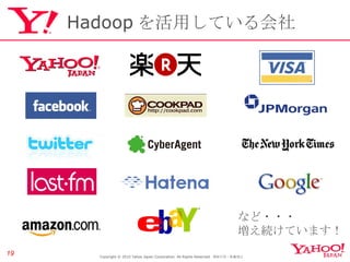 Hadoop を活用している会社 Copyright © 2010 Yahoo Japan Corporation. All Rights Reserved.  無断引用・転載禁止  など・・・ 増え続けています！ 