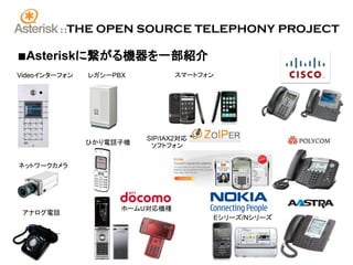 ::   THE OPEN SOURCE TELEPHONY PROJECT

■Asteriskに繋がる機器を一部紹介
Videoインターフォン     レガシーPBX          スマートフォン




                           SIP/IAX2対応
                 ひかり電話子機    ソフトフォン


ネットワークカメラ




                       ホームU対応機種
 アナログ電話
                                        Eシリーズ/Nシリーズ
 