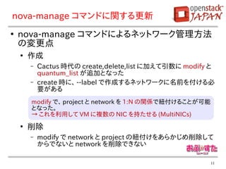 nova-manage コマンドに関する更新
●
    nova-manage コマンドによるネットワーク管理方法
    の変更点
    ●
        作成
        –   Cactus 時代の create,delete,list に加えて引数に modify と
            quantum_list が追加となった
        –   create 時に、 --label で作成するネットワークに名前を付ける必
            要がある
        modify で、 project と network を 1:N の関係で紐付けることが可能
        となった。
        → これを利用して VM に複数の NIC を持たせる (MultiNICs)
    ●
        削除
        –   modify で network と project の紐付けをあらかじめ削除して
            からでないと network を削除できない

                                                          11
 