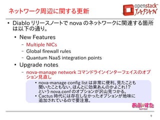 ネットワーク周辺に関する更新
●
    Diablo リリースノートで nova のネットワークに関連する箇所
    は以下の通り。
    ●
        New Features
        –   Multiple NICs
        –   Global firewall rules
        –   Quantum NaaS integration points
    ●
        Upgrade notes
        –   nova-manage network コマンドラインインターフェイスのオプ
            ション見直し
               ●
                   nova-manage config list は非常に便利。見たことも
                   聞いたこともない、ほんとに効果あんのかよこれ！？
                   という nova.conf のオプションが沢山見つかる。
               ●
                   Cactus 時代には存在しなかったオプションが地味に
                   追加されているので要注意。


                                                          9
 