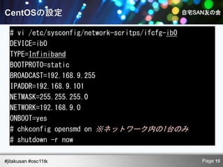 # vi /etc/sysconfig/network-scritps/ifcfg-ib0
  DEVICE=ib0
  TYPE=Infiniband
  BOOTPROTO=static
  BROADCAST=192.168.9.255
  IPADDR=192.168.9.101
  NETMASK=255.255.255.0
  NETWORK=192.168.9.0
  ONBOOT=yes
  # chkconfig opensmd on ※ネットワーク内の1台のみ
  # shutdown -r now

#jitakusan #osc11tk                               Page 15
 