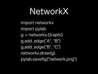 NetworkX
import networkx
import pylab
g = networkx.Graph()
g.add_edge("A", "B")
g.add_edge("B", "C")
networkx.draw(g)
pylab.save?g("network.png")
 