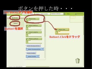 ボタンを押した時・・・
[My Blocks]タブを選択




Button1を選択

                   Button1.Clickをドラッグ
 