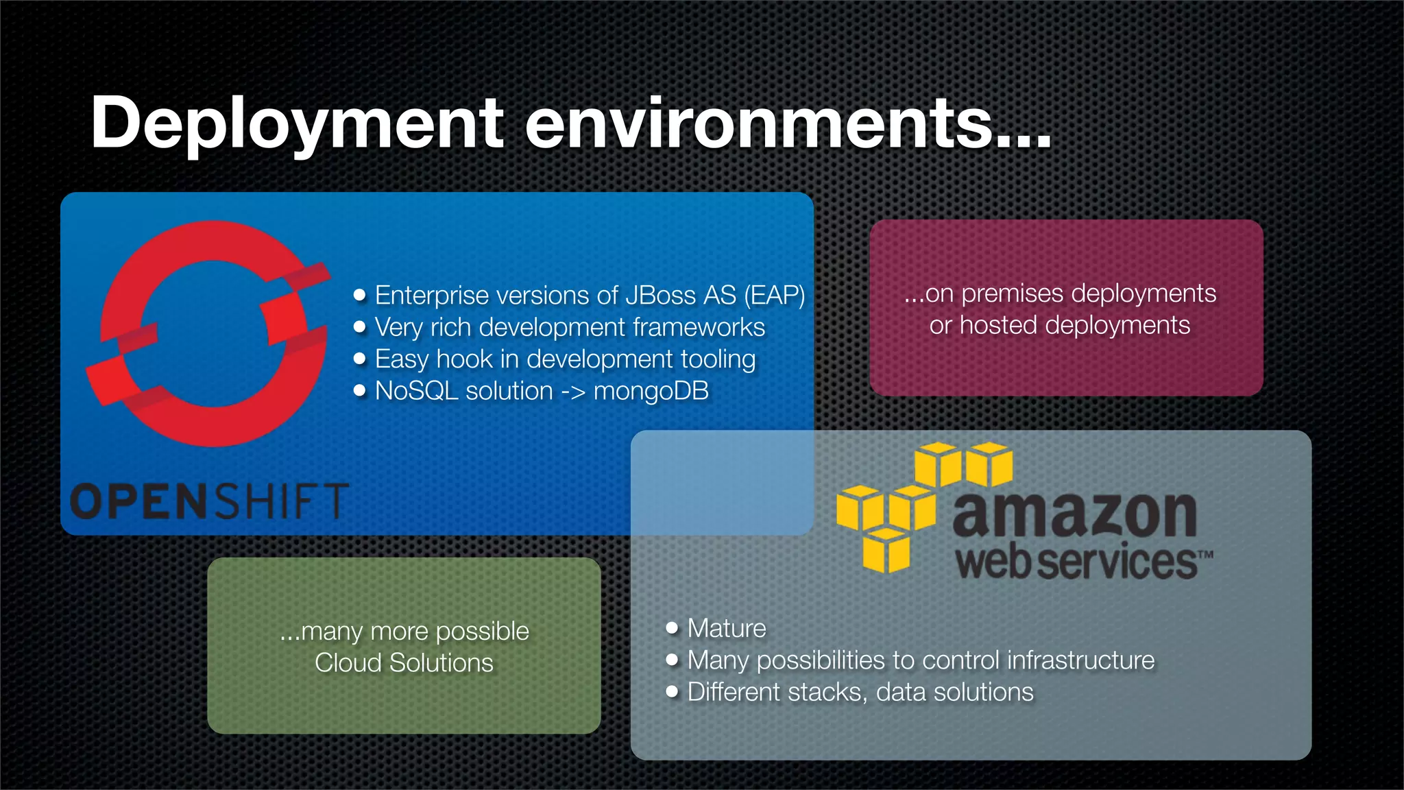 Deployment environments...

           • Enterprise versions of JBoss AS (EAP)         ...on premises deployments
           • Very rich development frameworks                 or hosted deployments
           • Easy hook in development tooling
           • NoSQL solution -> mongoDB




     ...many more possible           • Mature
         Cloud Solutions             • Many possibilities to control infrastructure
                                     • Different stacks, data solutions
 