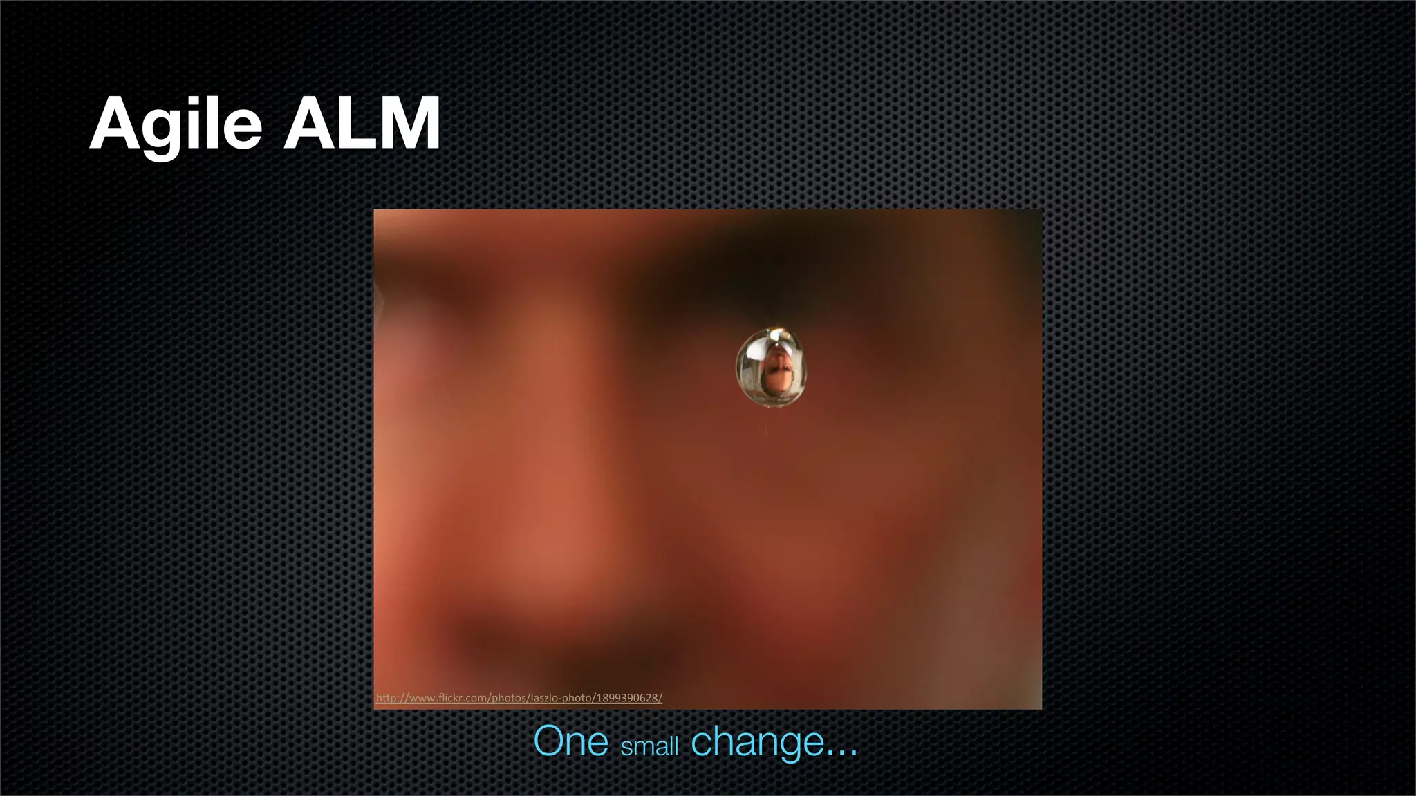 Agile ALM




       h"p://www.ﬂickr.com/photos/laszlo4photo/1899390628/<



                                   One small change...
 