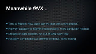Meanwhile @VX...


• Time to Market: How quick can we start with a new project?
• Network capacity to Internet (more projects, more bandwidth needed)
• Storage of older projects, run out of SAN every year
• Flexibility, combinations of different systems / other tooling
 