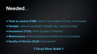 Needed...

• Time to market (T2M): start of new projects #hours, not #weeks!
• Flexible: network constrains, ﬁrewall rules, network conﬁg
• Investment (TCO): What if project is ﬁnished?
• Maintenance of the Development infrastructure and tooling?
• Quality of Service (QoS) improvement

                      ? Cloud Silver Bullet ?
 