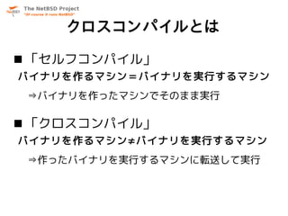 クロスコンパイルとは
 「セルフコンパイル」
バイナリを作るマシン＝バイナリを実行するマシン
 ⇒バイナリを作ったマシンでそのまま実行

 「クロスコンパイル」
バイナリを作るマシン≠バイナリを実行するマシン
 ⇒作ったバイナリを実行するマシンに転送して実行
 