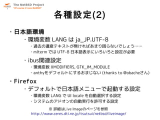 各種設定(2)
・日本語環境
  ・環境変数 LANG は ja_JP.UTF-8
     ・過去の遺産テキストが無ければあまり困らないでしょう……
     ・mlterm では UTF-8 日本語表示にいろいろと設定が必要

   ・ibus関連設定
     ・環境変数 XMODIFIERS, GTK_IM_MODULE
     ・anthyをデフォルトにするおまじない (thanks to @obacheさん)

・Firefox
    ・デフォルトで日本語メニューで起動する設定
     ・環境変数 LANG で UI locale を自動選択する設定
     ・システムのアドオンの自動実行を許可する設定
              ※ 詳細はLive Imageのページを参照
     http://www.ceres.dti.ne.jp/tsutsui/netbsd/liveimage/
 