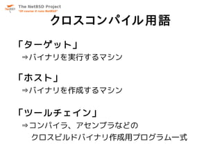 クロスコンパイル用語
「ターゲット」
⇒バイナリを実行するマシン

「ホスト」
⇒バイナリを作成するマシン

「ツールチェイン」
⇒コンパイラ、アセンブラなどの
 クロスビルドバイナリ作成用プログラム一式
 