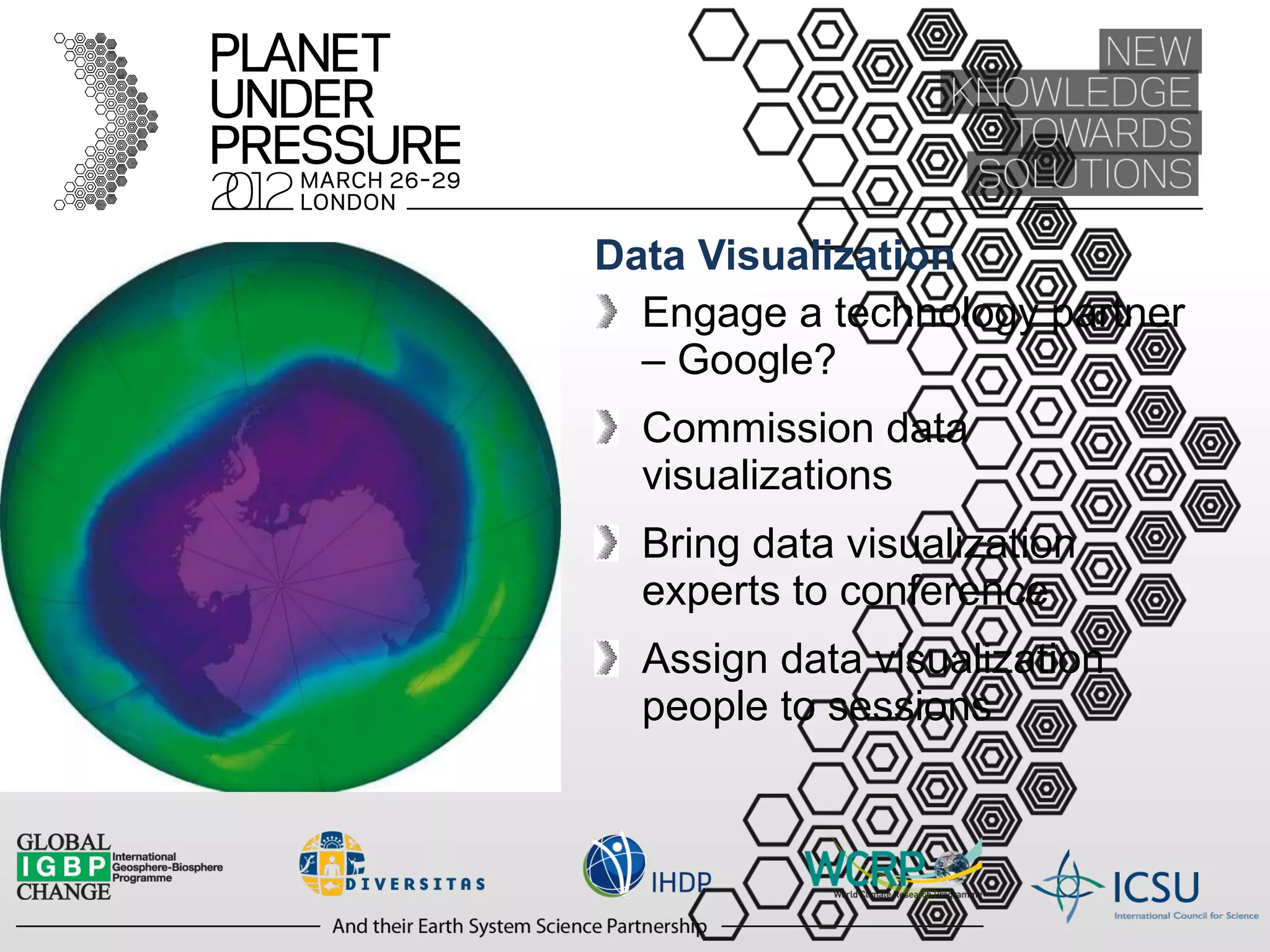 Data Visualization Engage a technology partner – Google? Commission data visualizations Bring data visualization experts to conference Assign data visualization people to sessions  