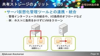 共有ストレージのメリット                      その3
  サーバ仮想化管理ツールとの連携・統合
    - 管理インターフェースの統合や、I/O負荷のオフロードなど
    - 例：ホストに負荷をかけずにVMをクローン




                        ディスクアレイ    ディスクアレイ
                         （連携なし）    （連携に対応）


#jitakusan #osckansai                        Page 10
 