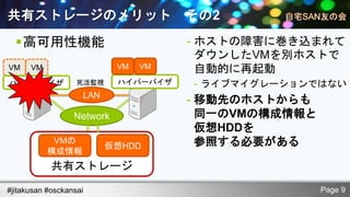 共有ストレージのメリット                          その2
  高可用性機能                             - ホストの障害に巻き込まれて
                                        ダウンしたVMを別ホストで
VM    VM                    VM   VM     自動的に再起動
ハイパーバイザ            死活監視     ハイパーバイザ   - ライブマイグレーションではない
                    LAN
                                      - 移動先のホストからも
                  Network               同一のVMの構成情報と
                                        仮想HDDを
            VMの
                          仮想HDD         参照する必要がある
           構成情報
            共有ストレージ
#jitakusan #osckansai                                 Page 9
 