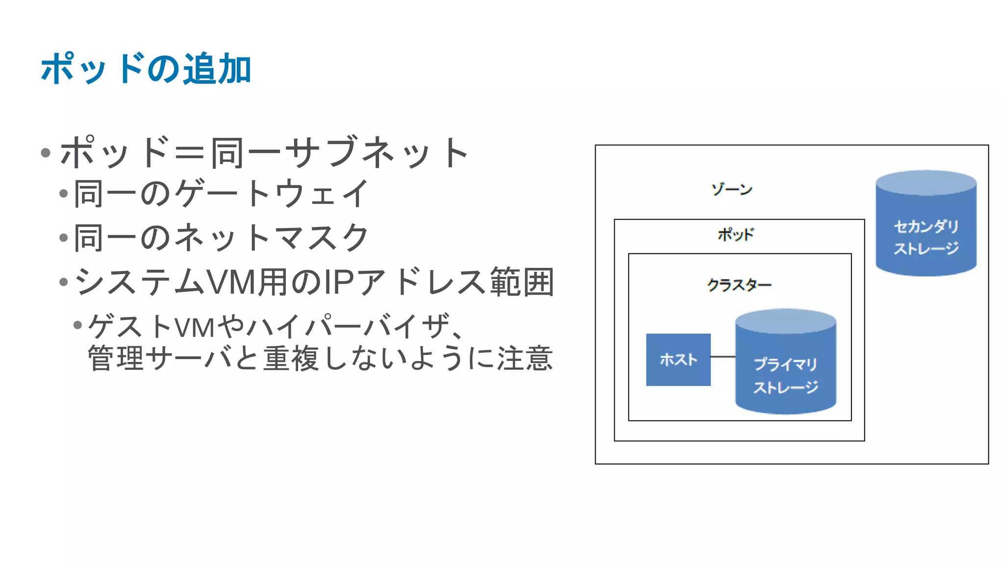 ポッドの追加

• ポッド＝同一サブネット
•同一のゲートウェイ
•同一のネットマスク
•システムVM用のIPアドレス範囲
 • ゲストVMやハイパーバイザ、
 管理サーバと重複しないように注意
 