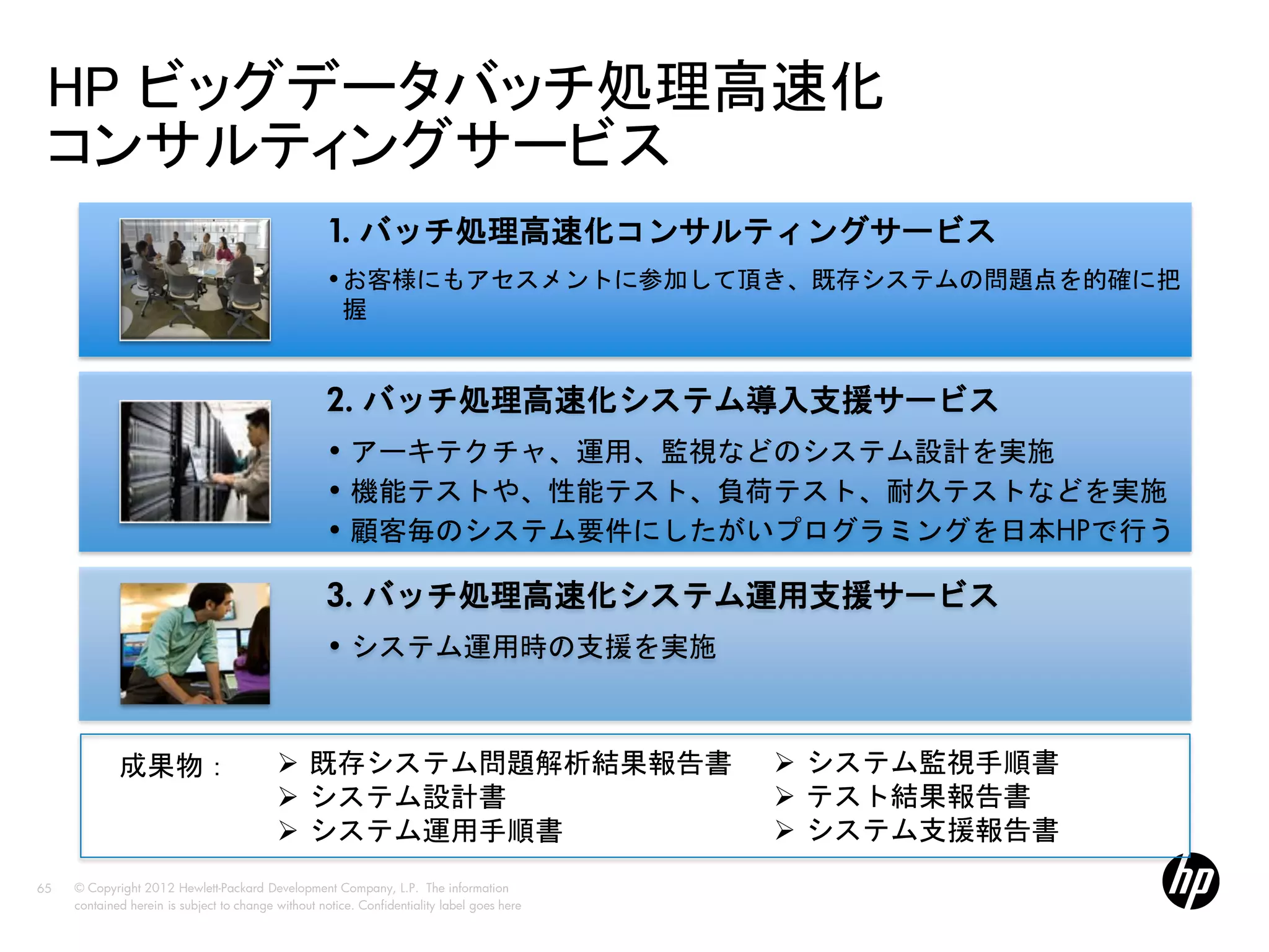 HP ビッグデータバッチ処理高速化
 コンサルティングサービス
                                                    1. バッチ処理高速化コンサルティングサービス
                                                    •お客様にもアセスメントに参加して頂き、既存システムの問題点を的確に把
                                                     握


                                                    2. バッチ処理高速化システム導入支援サービス
                                                    • アーキテクチャ、運用、監視などのシステム設計を実施
                                                    • 機能テストや、性能テスト、負荷テスト、耐久テストなどを実施
                                                    • 顧客毎のシステム要件にしたがいプログラミングを日本HPで行う

                                                    3. バッチ処理高速化システム運用支援サービス
                                                    • システム運用時の支援を実施



             成果物：                           既存システム問題解析結果報告書                                  システム監視手順書
                                            システム設計書                                          テスト結果報告書
                                            システム運用手順書                                        システム支援報告書
65   © Copyright 2012 Hewlett-Packard Development Company, L.P. The information
     contained herein is subject to change without notice. Confidentiality label goes here
 