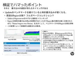 検証でハマったポイント
     その２ 書き込みの速度が落ちるタイミングがある

     • Updateのベンチマークを続けていると時折書き込みが遅くなる。
       • 原因はRegion分割？ フルガベージコレクション？
        • ZabbixとRegionserverのログから推移をトラッキング
        • Region分割時の書き込み停止の影響がわかったのでRegion数が適切な数に分割された
          のち「hbase.hregion.max.filesize」を大きくして、ベンチマーク中のRegion分割を抑制
        • この変更によって断続的な速度劣化は解消。


                                                                                                       ＜解析＞
                                                                                                       • Regionの分割は、各Regionserverのログおよ
                                                                                                         びHBaseのメトリクスに記録されたRegion数
                                                                                                         の推移からトラッキングできる。
                Region数の推移                                    Regionserverヒープサイズの推移                    • YCSBのログに出力されている断続的な
                                                                         ※グラフは表示例です。                     updateの遅れとRegion分割のタイミングを突
     項目                                                                  設定値
                                                                                                         き合わせて原因を特定
                                                                                                       • ガベージコレクションログを見たところ、フ
     hbase.hregion.memstore.mslab.enabled                               true
                                                                                                         ルガベージコレクションは発生していなかっ
     hbase.hregion.max.filesize                                         100G                             た。これはHBaseの新機能「MSLAB」を有効
                                                                        -ea-XX:+UseConcMarkSweepGC -     化したためだと考えられる。
     HBASE_OPTS                                                         XX:+CMSIncrementalMode

                                            関連するHBase設定
50   © Copyright 2012 Hewlett-Packard Development Company, L.P. The information
     contained herein is subject to change without notice. Confidentiality label goes here
 