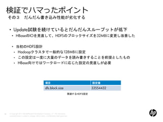 検証でハマったポイント
     その３ だんだん書き込み性能が劣化する


     • Update試験を続けているとだんだんスループットが低下
        • HBaseのIOを見直して、HDFSのブロックサイズを32MBに変更し改善した


        • 当初のHDFS設計
           •     Hadoopクラスタで一般的な128MBに設定
           •     この設定は一度に大量のデータを読み書きすることを前提としたもの
           •     HBase向けではワークロードに応じた設定の見直しが必要




                                                         項目                                               設定値
                                                         dfs.block.size                                   33554432
                                                                                             関連するHDFS設定




51   © Copyright 2012 Hewlett-Packard Development Company, L.P. The information
     contained herein is subject to change without notice. Confidentiality label goes here
 