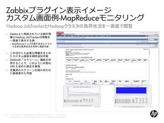 Zabbixプラグイン表示イメージ
 カスタム画面例-MapReduceモニタリング
 Hadoop JobTrackerとHadoopクラスタの負荷状況を一画面で閲覧
 – Zabbix上に格納されている統計情
   報とHadoop JobTrackerの情報を
   一画面で表示する例
     •   MapReduceジョブの進行状況とクラス
         タ全体の負荷状況を同時に確認可能

 – このほかにも必要な情報をまとめ
   たカスタム画面を随時追加可能
 – Zabbixの「スクリーン」機能を利
   用することで、このように外部の
   URLも含めた統合を実現
                                                                                                        図をいれるエリア
 – 定義済みスクリーンを組み合わせ                                                                                  この枠線は削除してください。
   た画面表示も可能                                                                                  できるだけこの外枠からはみ出さないように配置してください。




58   © Copyright 2012 Hewlett-Packard Development Company, L.P. The information
     contained herein is subject to change without notice. Confidentiality label goes here
 