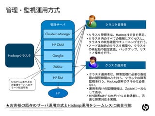 管理・監視運用方式

                                                                     管理サーバ                          クラスタ管理者


                                                             Cloudera Manager                • クラスタ管理者は、Hadoop技術者を想定。
                                                                                             • クラスタ内のすべての情報にアクセスし、
                                                                                               クラスタの状態確認やチューニングを行う。
                                                                        HP CMU               • ノード追加時のクラスタ構築や、クラスタ
                                                                                               の再起動や設定変更、バックアップ、リス
                                                                                               トア操作を行う。
     Hadoopクラスタ                                                         Ganglia


                                                                         Zabbix                     クラスタ運用者

                                                                                             • クラスタ運用者は、障害監視に必要な最低
                                                                         HP SIM                限の閲覧権限のみを持ち、クラスタの障害
        SNMPTrap等で上位                                                                           監視を行う。Hadoop固有のスキルは必要
        の監視サーバへのア                                                                              ない。
        ラート転送可能
                                                                                             • 運用者向けの監視情報は、Zabbixに一元化
                                                                              HP               して表示。
                                                                                             • HW障害はHP SIMがHPに自動通報し、迅
                                                                                               速な障害対応を実現。

 ★お客様の既存のサーバ運用方式とHadoop運用をシームレスに統合可能
62   © Copyright 2012 Hewlett-Packard Development Company, L.P. The information
     contained herein is subject to change without notice. Confidentiality label goes here
 