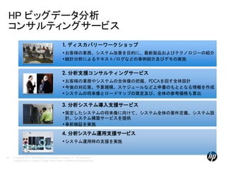 HP ビッグデータ分析
 コンサルティングサービス
                                                         1. ディスカバリーワークショップ
                                                         •お客様の業務、システム改善を目的に、最新製品およびテクノロジーの紹介
                                                         •統計分析によるテキスト/ログなどの事例紹介及びデモの実施


                                                         2. 分析支援コンサルティングサービス
                                                         •お客様の業務やシステムの全体像の把握、PDCAを回す全体設計
                                                         •今後の対応策、予算規模、スケジュールなど上申書のもととなる情報を作成
                                                         •システムの将来像とロードマップの策定及び、全体の参考価格も算出

                                                         3. 分析システム導入支援サービス
                                                         •策定したシステムの将来像に向けて、システム全体の要件定義、システム設
                                                          計、システム構築サービスを提供
                                                         •事前検証を実施

                                                         4. 分析システム運用支援サービス
                                                         •システム運用時の支援を実施


64   © Copyright 2012 Hewlett-Packard Development Company, L.P. The information
     contained herein is subject to change without notice. Confidentiality label goes here
 