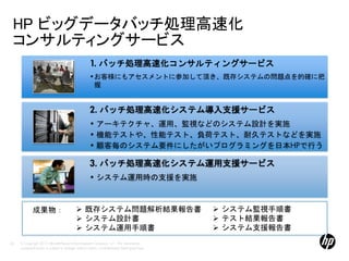 HP ビッグデータバッチ処理高速化
 コンサルティングサービス
                                                    1. バッチ処理高速化コンサルティングサービス
                                                    •お客様にもアセスメントに参加して頂き、既存システムの問題点を的確に把
                                                     握


                                                    2. バッチ処理高速化システム導入支援サービス
                                                    • アーキテクチャ、運用、監視などのシステム設計を実施
                                                    • 機能テストや、性能テスト、負荷テスト、耐久テストなどを実施
                                                    • 顧客毎のシステム要件にしたがいプログラミングを日本HPで行う

                                                    3. バッチ処理高速化システム運用支援サービス
                                                    • システム運用時の支援を実施



             成果物：                           既存システム問題解析結果報告書                                  システム監視手順書
                                            システム設計書                                          テスト結果報告書
                                            システム運用手順書                                        システム支援報告書
65   © Copyright 2012 Hewlett-Packard Development Company, L.P. The information
     contained herein is subject to change without notice. Confidentiality label goes here
 