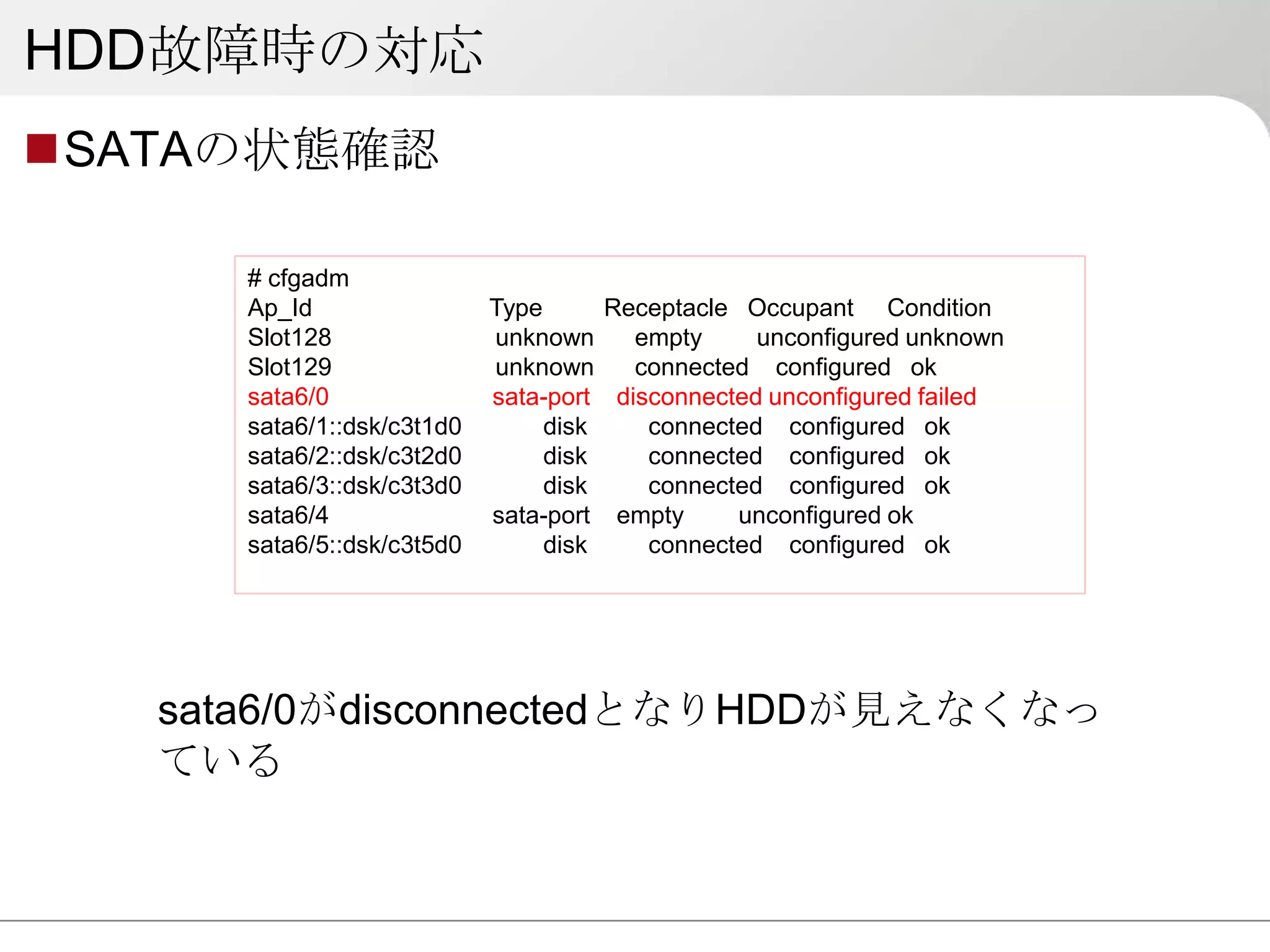HDD故障時の対応
SATAの状態確認

      # cfgadm
      Ap_Id                 Type      Receptacle Occupant Condition
      Slot128               unknown     empty     unconfigured unknown
      Slot129               unknown     connected configured ok
      sata6/0               sata-port disconnected unconfigured failed
      sata6/1::dsk/c3t1d0        disk    connected configured ok
      sata6/2::dsk/c3t2d0        disk    connected configured ok
      sata6/3::dsk/c3t3d0        disk    connected configured ok
      sata6/4               sata-port empty      unconfigured ok
      sata6/5::dsk/c3t5d0        disk    connected configured ok




   sata6/0がdisconnectedとなりHDDが見えなくなっ
   ている
 