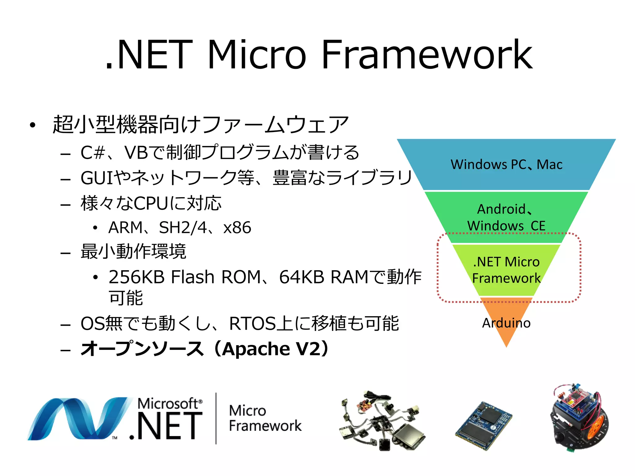 .NET Micro Framework
• 超小型機器向けファームウェア
 – C#、VBで制御プログラムが書ける
                                    Windows PC、Mac
 – GUIやネットワーク等、豊富なライブラリ
 – 様々なCPUに対応                           Android、
   • ARM、SH2/4、x86                    Windows CE
 – 最小動作環境                             .NET Micro
    • 256KB Flash ROM、64KB RAMで動作     Framework
      可能
 – OS無でも動くし、RTOS上に移植も可能                Arduino
 – オープンソース（Apache V2）
 