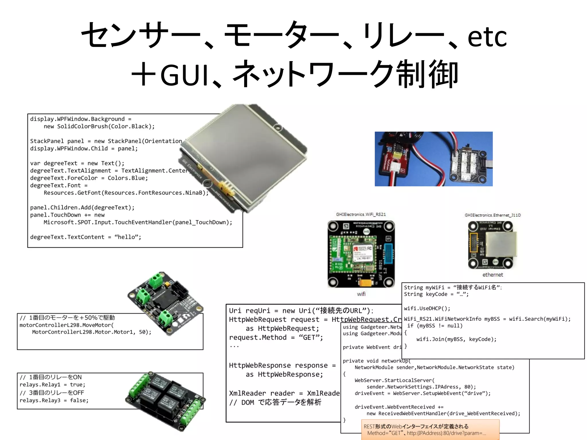 センサー、モーター、リレー、etc
  ＋GUI、ネットワーク制御
 