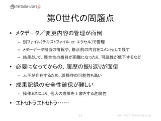 第０世代の問題点
• メタデータ／変更内容の管理が面倒
 – 別ファイル(テキストファイル or エクセル)で管理
 – メターデータ相当の情報や、修正前の内容をコメントとして残す
 – 結果として、整合性の維持が困難になったり、可読性が低下するなど

• 必要になってからの、履歴の振り返りが面倒
 – 人手が介在するため、誤操作の可能性も高い

• 成果記録の安全性確保が難しい
 – 操作ミスにより、他人の成果を上書きする危険性

• エトセトラエトセトラ……
                    11          OSC 2013 Tokyo/Spring
 
