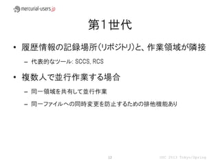 第１世代
• 履歴情報の記録場所（リポジトリ）と、作業領域が隣接
 – 代表的なツール: SCCS, RCS

• 複数人で並行作業する場合
 – 同一領域を共有して並行作業

 – 同一ファイルへの同時変更を防止するための排他機能あり




                        12   OSC 2013 Tokyo/Spring
 
