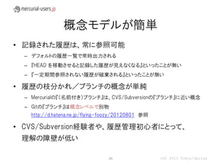 概念モデルが簡単
• 記録された履歴は、常に参照可能
  – デフォルトの履歴一覧で常時出力される
  – 『HEAD を移動させると記録した履歴が見えなくなる』といったことが無い
  – 『一定期間参照されない履歴が破棄される』といったことが無い

• 履歴の枝分かれ／ブランチの概念が単純
  – Mercurialの『（名前付き）ブランチ』は、CVS/Subversionの『ブランチ』に近い概念
  – Gitの『ブランチ』は概念レベルで別物
    http://d.hatena.ne.jp/flying-foozy/20120801 参照

• CVS/Subversion経験者や、履歴管理初心者にとって、
 理解の障壁が低い

                                  20                 OSC 2013 Tokyo/Spring
 